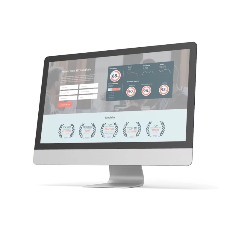 A computer displaying our free analysis tool alongside some of Manta's awards
